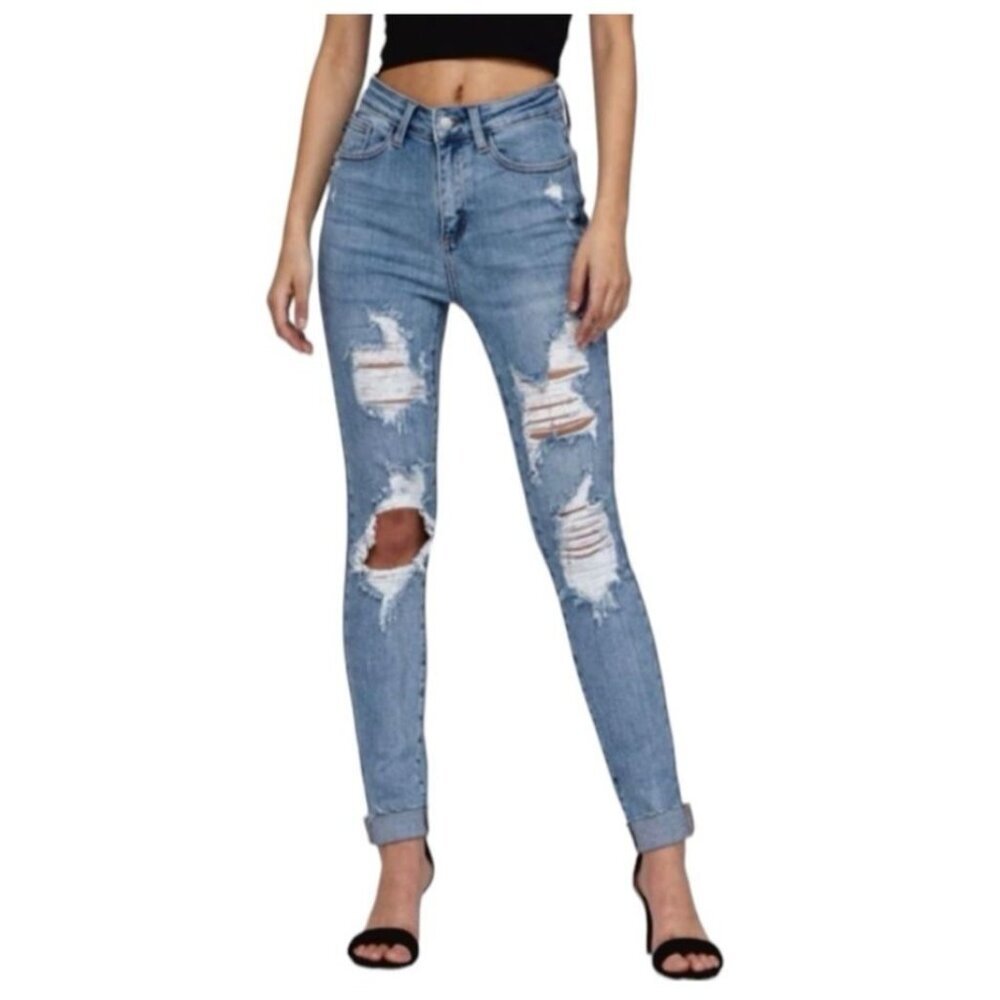 JUDY BLUE Skinny Fit Kori Distressed Jeans Blue Denim Size 32 High Rise raw hem‎